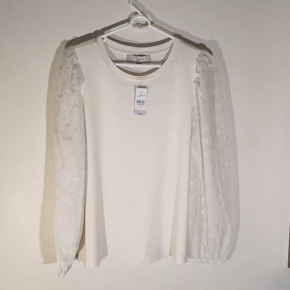 Loft Cream Mixed Media Sheer Polka Dot Long Sleeve Blouse Top Size Medium NWT